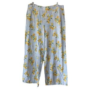 D & Co. Women's Lemon Print Pants Size Medium Striped Elastic Waist Pull-On